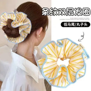 文艺柠檬黄条纹大肠发圈女高级感2025新款高弹力百搭丸子头绳发绳