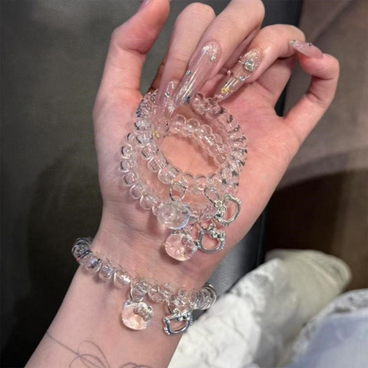 夏天超级清透电话线发圈头绳手链两用高级感猫咪吊坠扎头发绳女