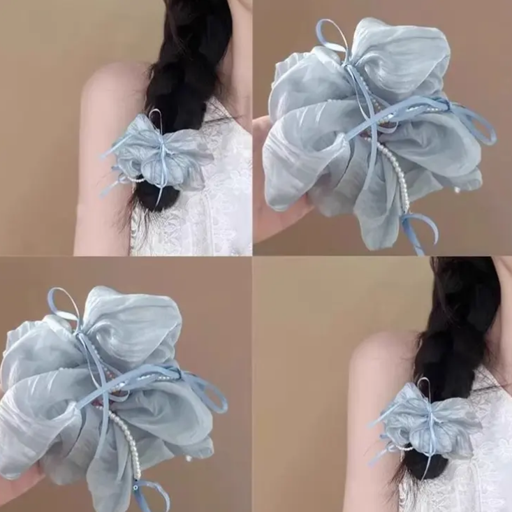 法式珍珠蝴蝶结网纱大肠发圈女发绳高级感头绳百搭发绳扎头发皮筋