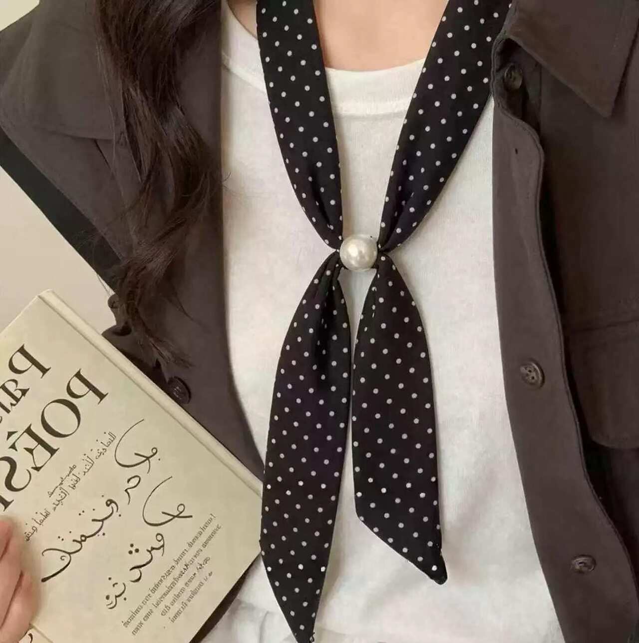 黑白波点丝巾女复古串珠系脖领巾高级感丝带脖饰女士2026新款