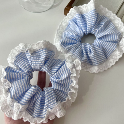 蓝色条纹花边大肠发圈甜美少女风发圈高级感清新发饰精品减龄头饰