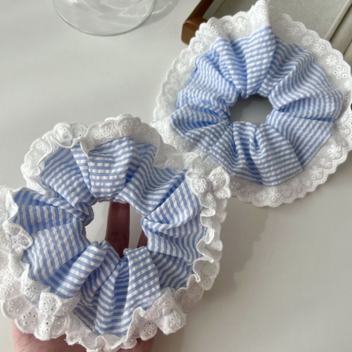 蓝色条纹花边大肠发圈甜美少女风发圈高级感清新发饰精品减龄头饰