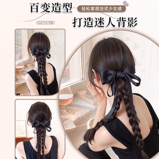 新款超实用假发女款抓夹蝴蝶结飘带马尾辫子麻花辫扭扭辫抓夹马尾