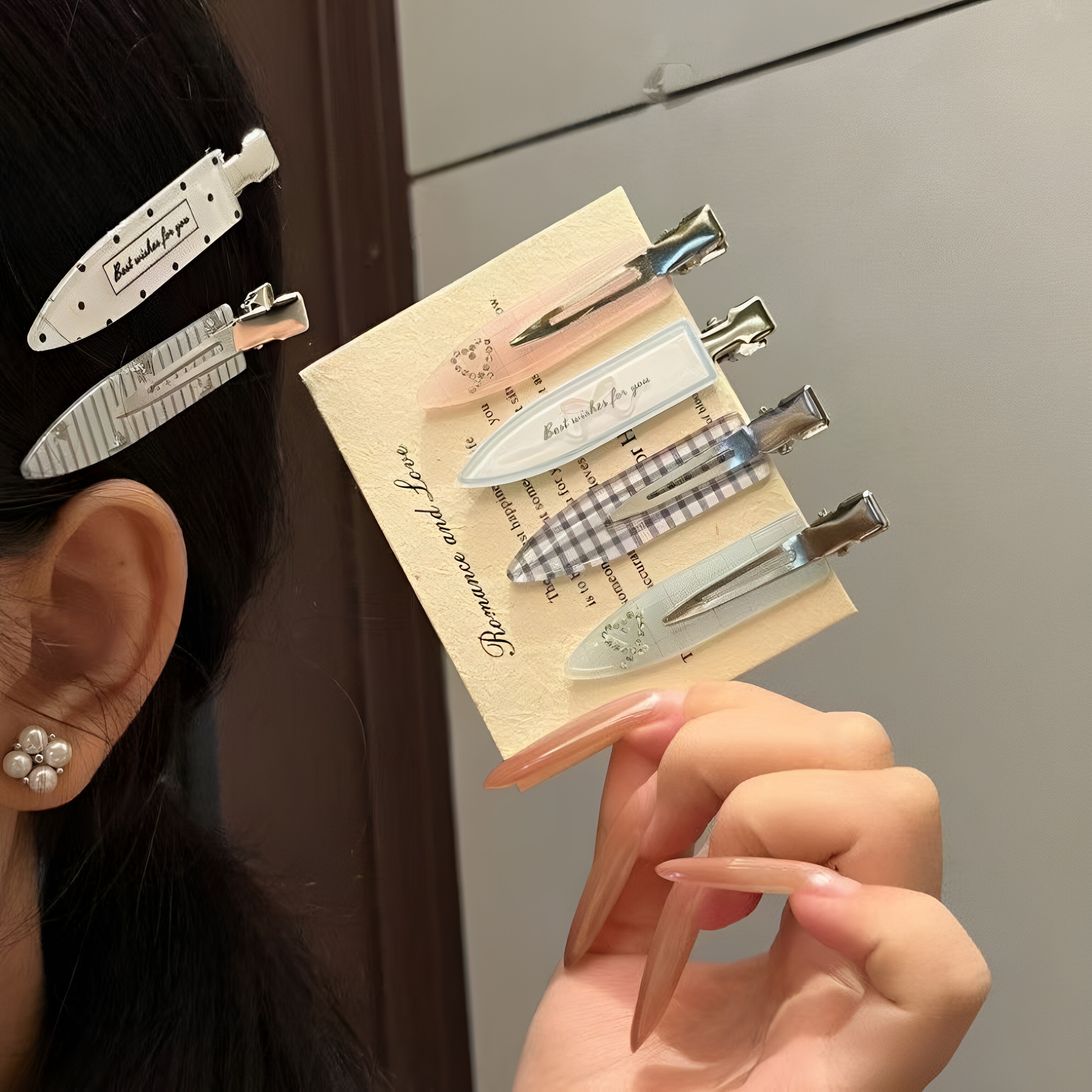 ins韩系格纹波点发夹格纹闪钻蝴蝶结星星条纹无痕鸭嘴夹甜美发饰