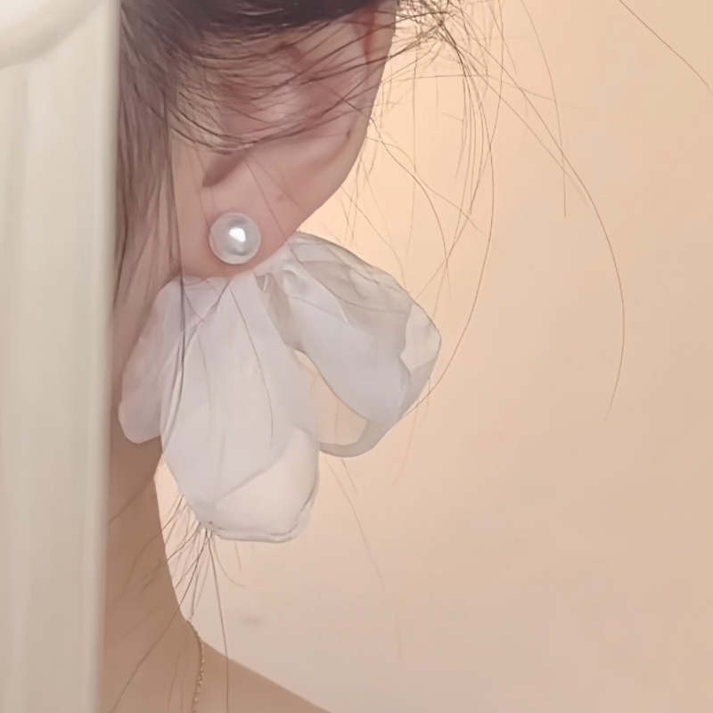 法式超仙雪纺花朵珍珠耳环女2026新款高级度假风耳钉甜美气质耳饰