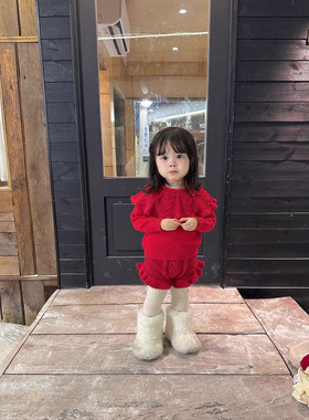 SHE IS EMMA秋冬新款 婴童新年正红色圆领毛衣卷毛绒毛衣套装