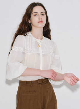 秘密盒子小调协奏 黄麻精致蕾丝打条套头衬衫半通透白色法式小衫