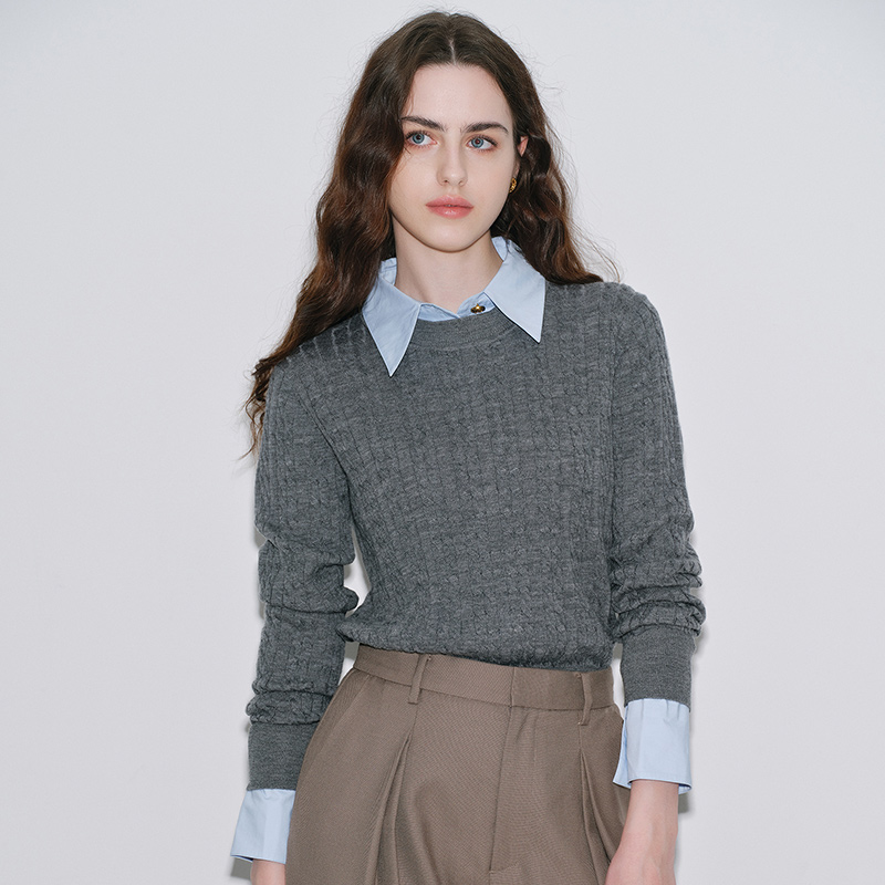 秘密盒子轻灵余温细腻全羊毛复古绞花假两件衬衫衣缘篙级灰针织衫