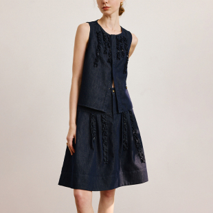 秘密盒子安妮 高品不掉色原色木耳花边牛仔马甲马夹a字半身裙套装