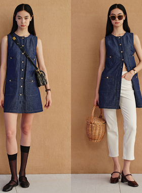 秘密盒子复古航海家 汉麻棉柔软小香风贴袋法式中古扣无袖连衣裙