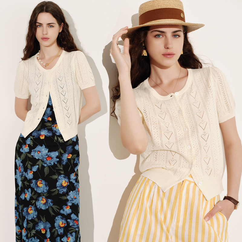 秘密盒子安妮心事 可可推荐棉苎麻精致挑孔镂空针织短袖开衫上衣