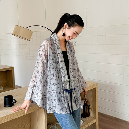 秘密盒子竹林倩影 杨mi同款柔软天丝新中式睡袍款开衫宽松外套