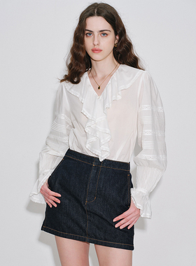 秘密盒子浪漫宫廷 80支府绸棉精致打条荷叶蕾丝边V领法式衬衫白色