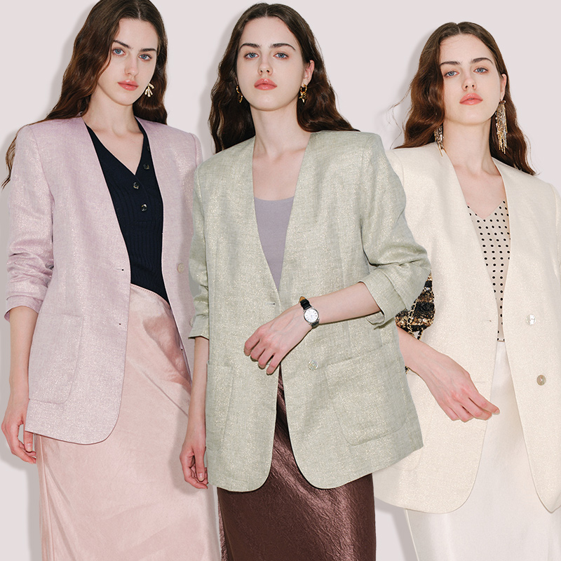 秘密盒子高阶精英 轻盈金丝亚麻CBD通勤3色极简无领西装外套春