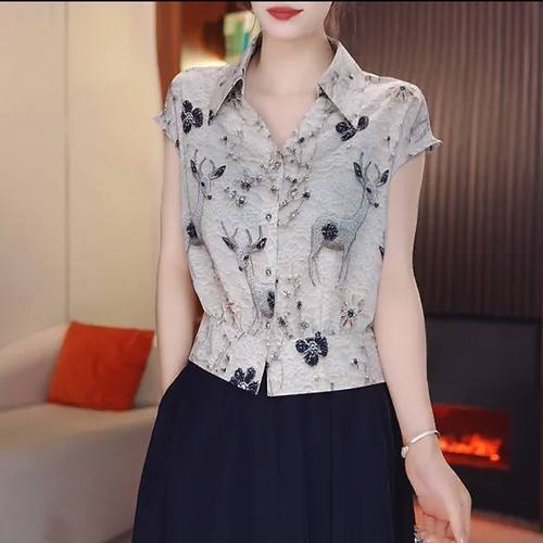 高档爆款翻领纯色百搭休闲减龄短袖衬衫气质上衣大码假两件宽松T