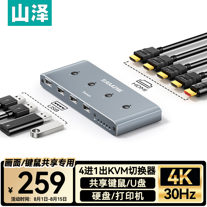山泽HDMI KVM切换器四进一出4K高清视频切屏 共享鼠标键盘USB打印机 电脑接显示器电视分屏