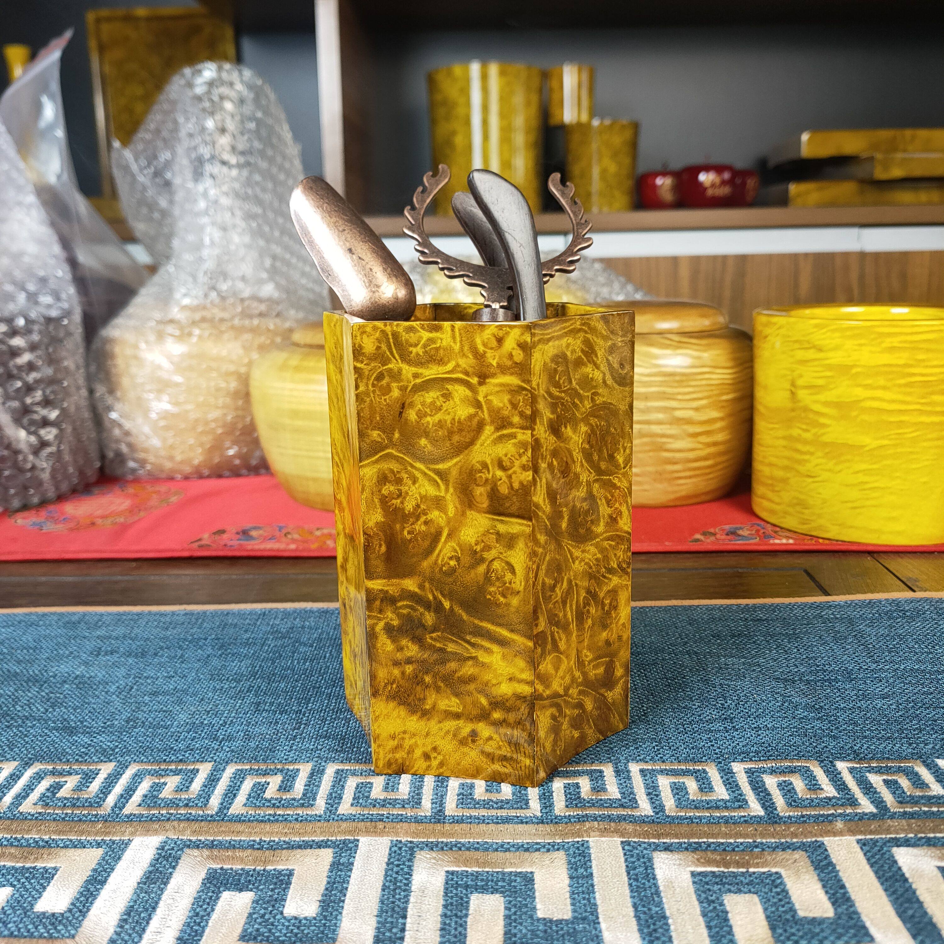 缅甸黄金樟八角笔筒实木木制收纳筒收纳桶办公桌面摆件储藏多功