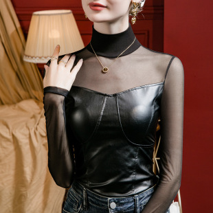 高领PU皮拼接设计感打底衫女2025春季网纱性感小众春秋内搭上衣