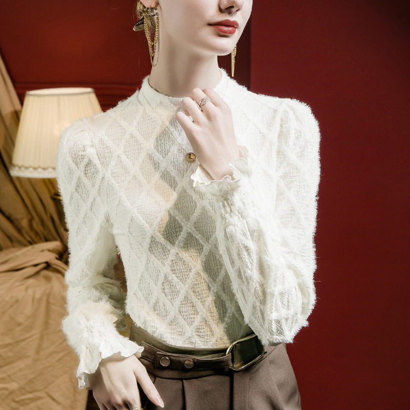立领磨毛格子提花蕾丝上衣女泡泡袖2026春季新款洋气春款内搭小衫