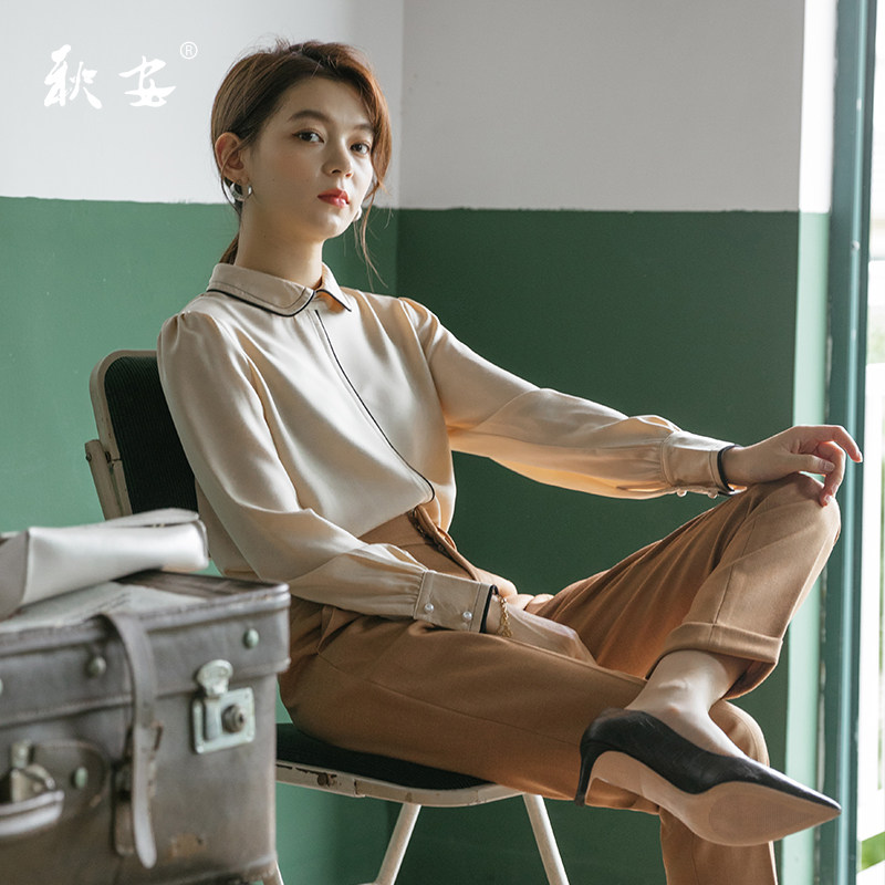 上衣设计感小众黑边撞色2020秋新款气质衬衣女秋款长袖女士衬衫