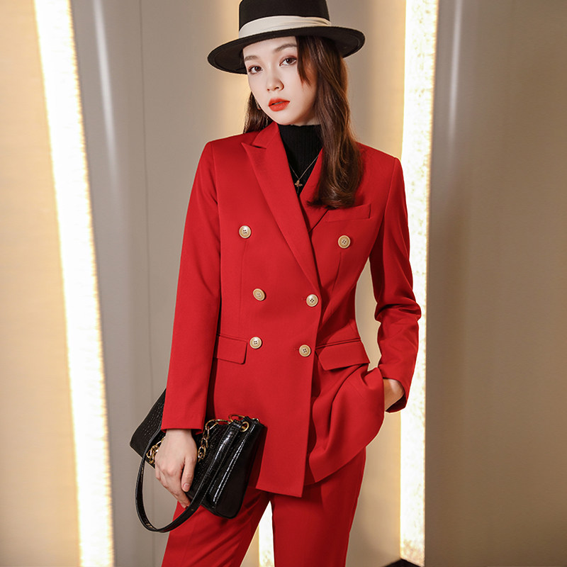 红色西装套装女秋冬气质女神范主持人年会职业正装西服外套工作服