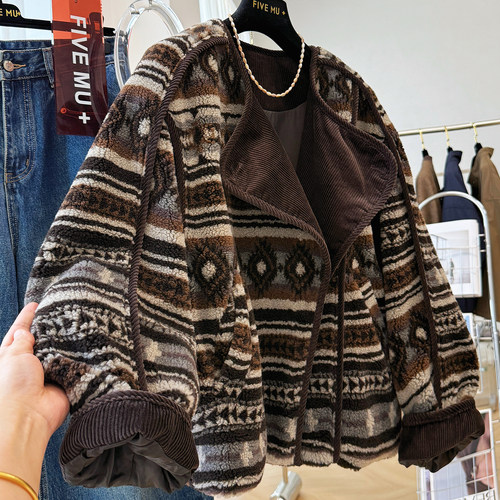 复古费尔岛摇粒绒短款外套女秋冬