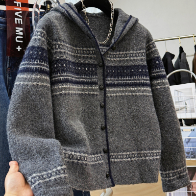 韩系提花复古连帽毛衣外套女秋冬