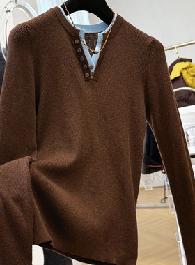 高级感韩系穿搭独特别致修身薄款长袖针织衫女秋冬内搭打底衫上衣