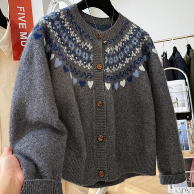 韩系提花费尔岛毛衣开衫女秋冬