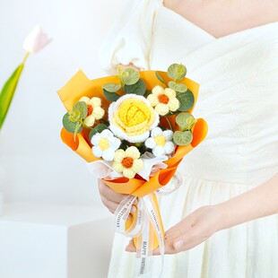 成品毛线手工钩织花束玫瑰泡芙礼物钩织针织花仿真花送礼生日摆件