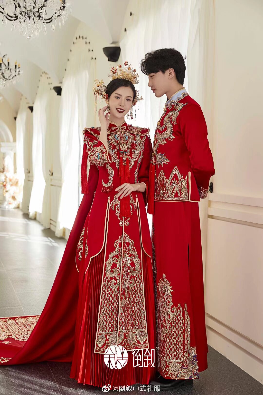 出租定制倒叙新款双十一限量版中式秀禾服男女红色披风大拖尾礼服