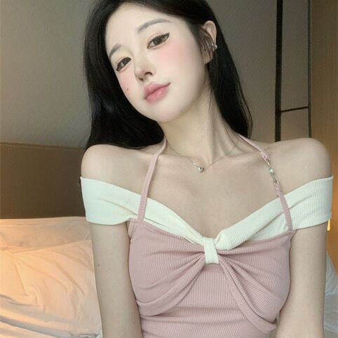 纯欲风一字领露肩挂脖紧身t恤女士夏季气质性感减龄短款粉色上衣