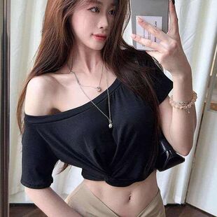 韩范儿小性感露肩漏腰短袖t恤女学生夏季辣妹爵士舞蹈服跳舞上衣