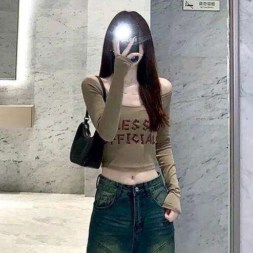 时尚百搭美式辣妹t恤女学生春秋新款大领口露肩琐骨长袖打底上衣