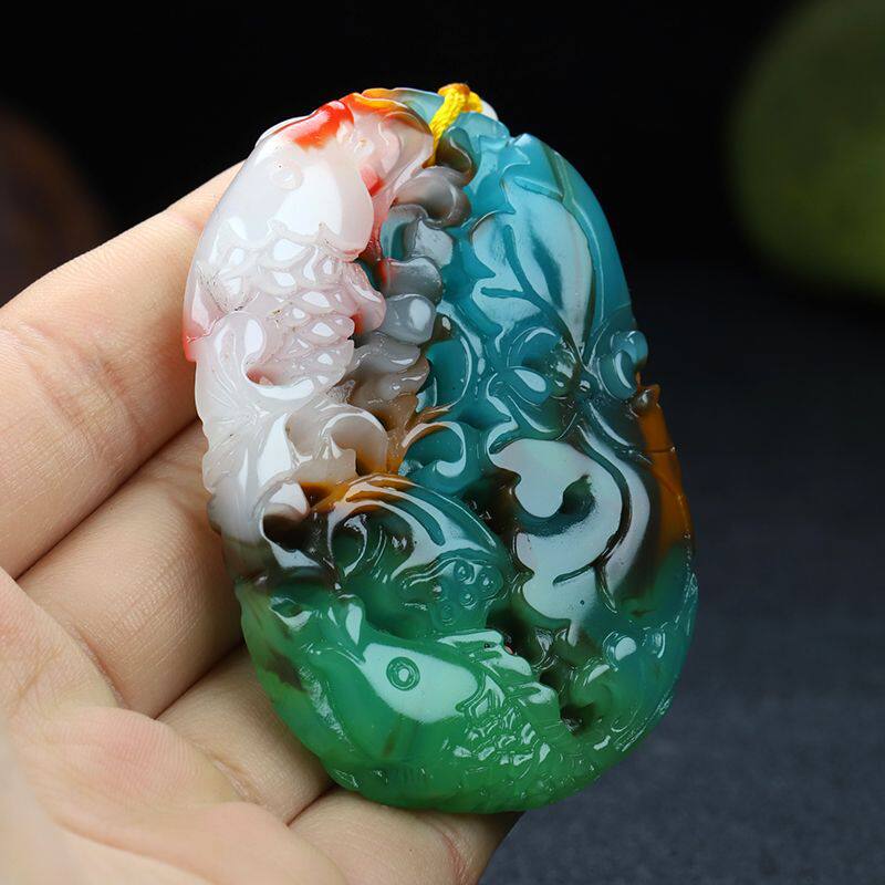 和田玉彩玉挂件玉石七彩玉鱼吊坠五彩玉莲花玉佩