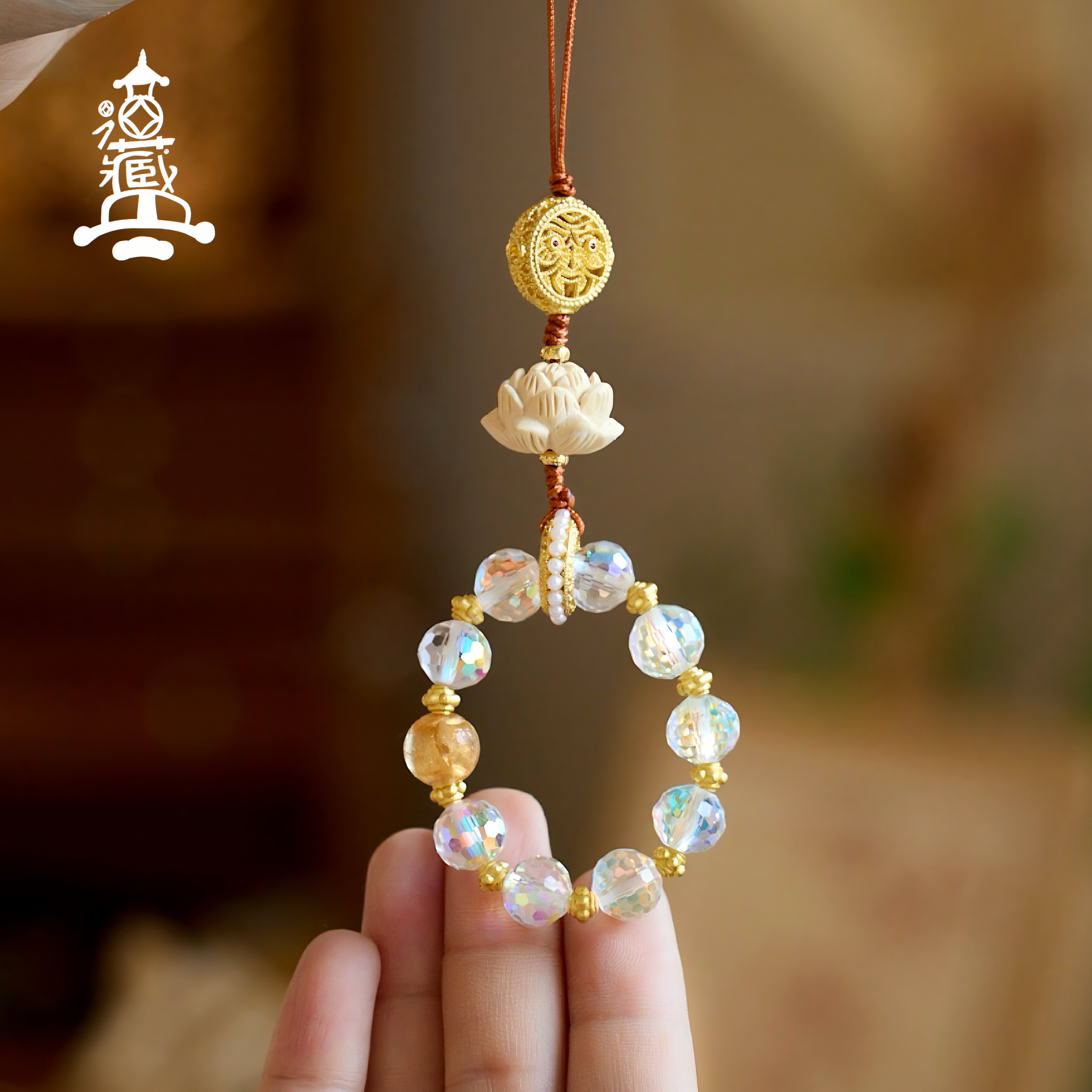 黄杨木莲花手机链包包挂件