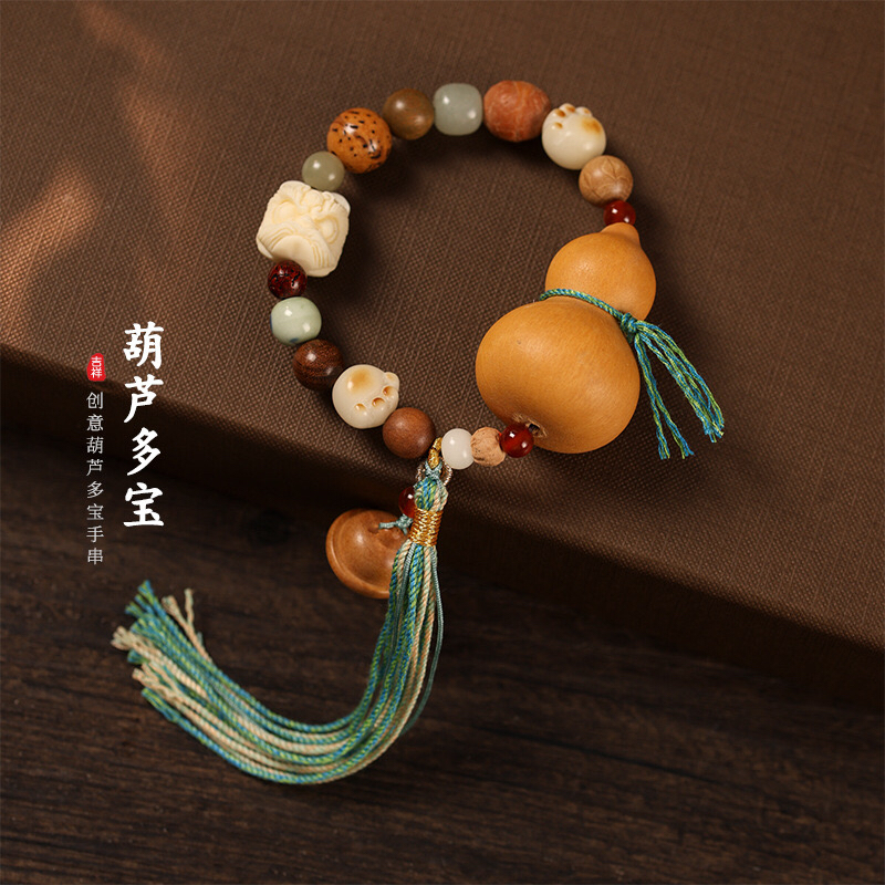原创新款多宝葫芦文玩手串搭配桃木铃铛复古藏式编绳单圈手串手持
