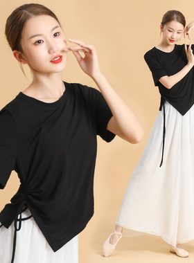 舞蹈服女上衣短袖夏季宽松练功服现代形体训练黑色莫代尔跳舞服装