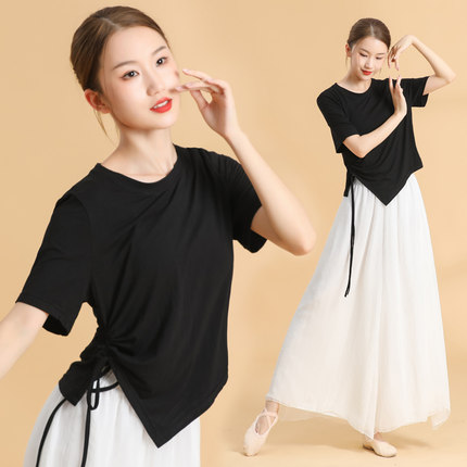 舞蹈服女上衣短袖夏季宽松练功服现代形体训练黑色莫代尔跳舞服装