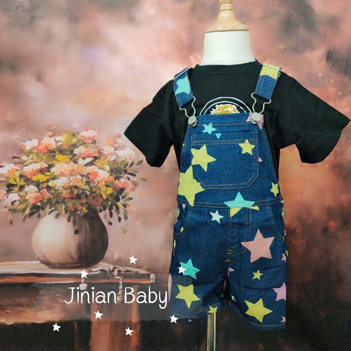 新款男女童背带短裤星星纯棉牛仔棉短袖T恤印花夜光韩版夏季包邮