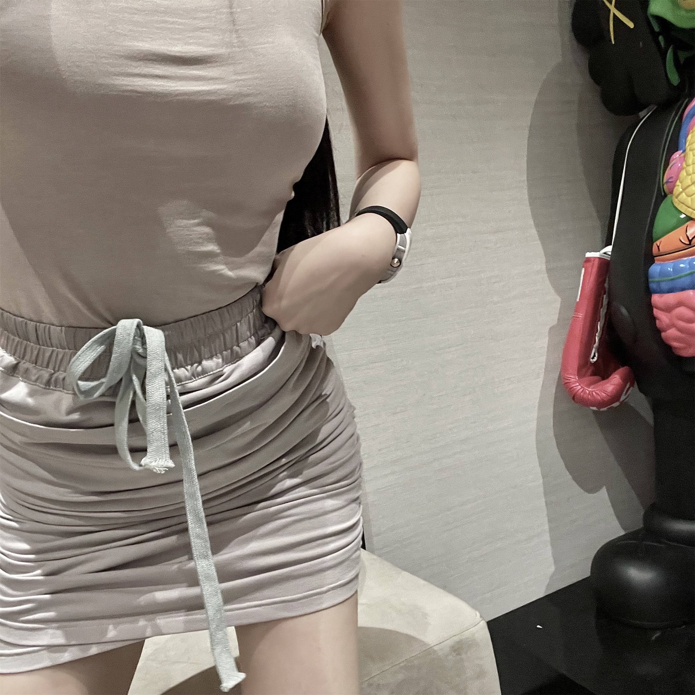 Wuuus 高腰褶皱包臀裙裤女春夏抽绳显瘦短裙气质休闲百搭半身裙