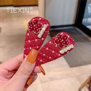 新年甜美红色花朵珍珠发夹精致优雅小众气质百搭掰掰夹高级感发饰