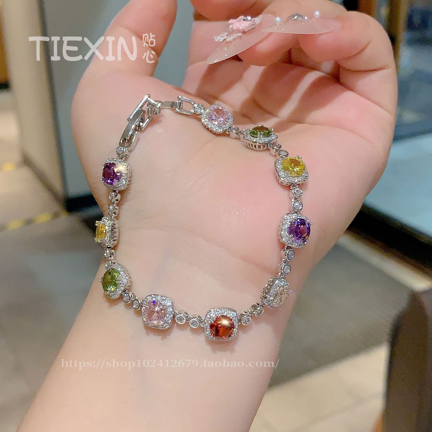 小清新甜美彩色方糖锆石满钻手链精致轻奢重工爆闪方形多巴胺手链