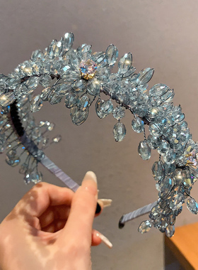 法式轻奢重工蓝色水晶发箍时尚宽边高级头箍甜美百搭外出压发发饰