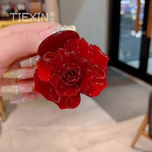 气质简约光泽感玫瑰花醋酸鲨鱼夹气质温柔百搭红色小巧发饰发夹女