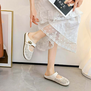 女2026夏外穿平底一脚蹬镂空编织百搭舒适半拖鞋 D810 包头单鞋 法式