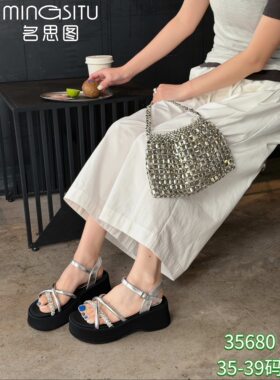 女鞋2026夏季新款外穿厚底增高金色交叉带法式配裙子35680名思图