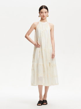 vq区绫致Vero Moda连衣裙女25夏季可调节飘带挂脖领型立体刺绣