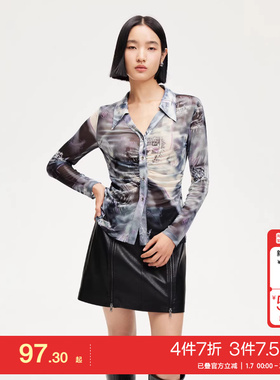 t区绫致VeroModaT恤女春夏V领网纱打底抽褶显瘦罩衫上衣