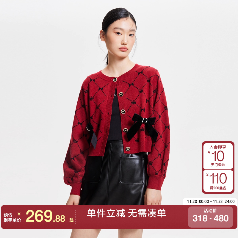 绫致Vero Moda针织衫女秋冬新复古蝴蝶结装饰开衫甜美减龄